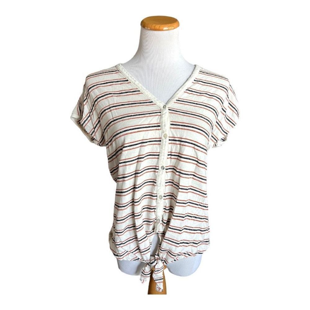 Womens Lucky Brand Ivory Striped Knot Tie Front Button Down Boxy Fit Shirt Top M